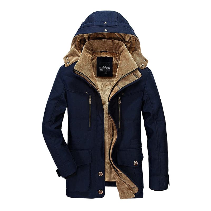 Men's hooded fleece-lined winter parka jacket with multiple pockets
