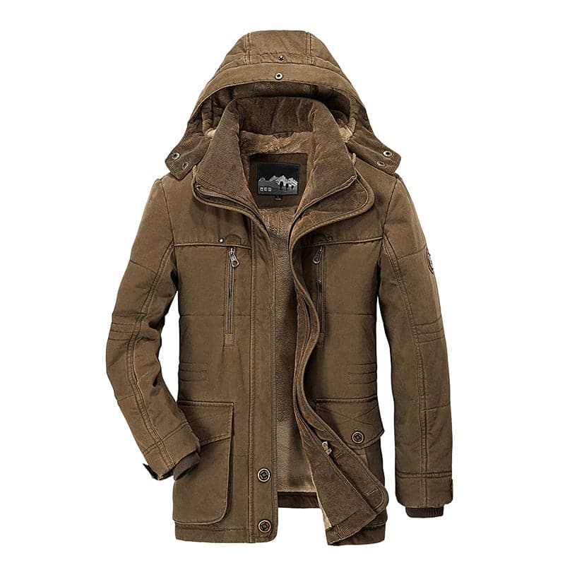 Men's hooded fleece-lined winter parka jacket with multiple pockets