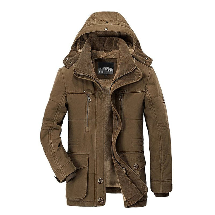 Men's hooded fleece-lined winter parka jacket with multiple pockets