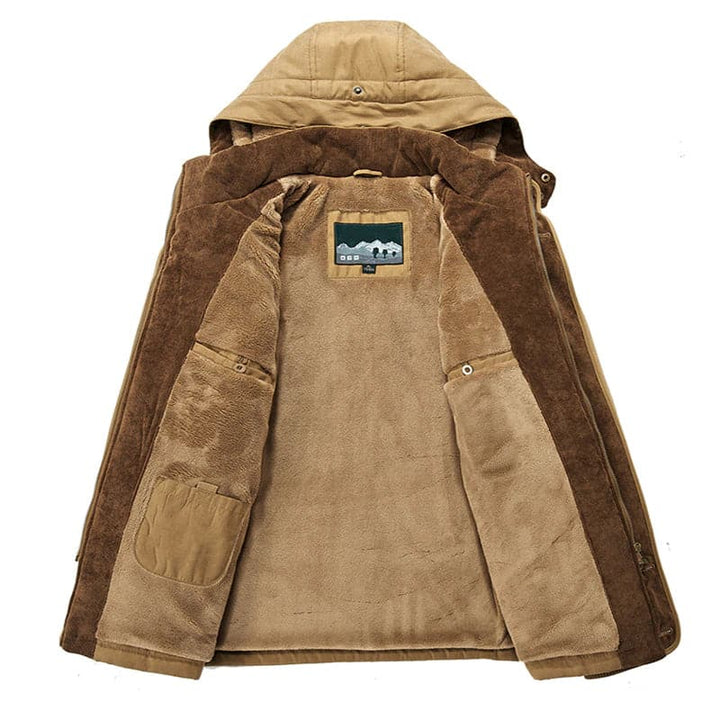 Men's hooded fleece-lined winter parka jacket with multiple pockets