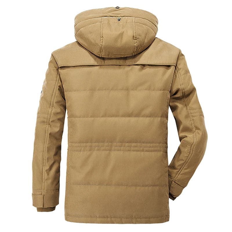 Men's hooded fleece-lined winter parka jacket with multiple pockets