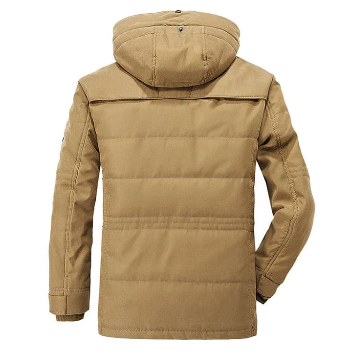 Men's hooded fleece-lined winter parka jacket with multiple pockets