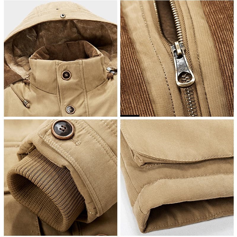 Men's hooded fleece-lined winter parka jacket with multiple pockets