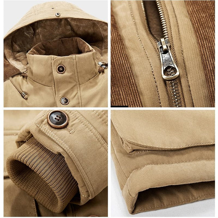 Men's hooded fleece-lined winter parka jacket with multiple pockets