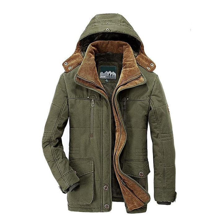 Men's hooded fleece-lined winter parka jacket with multiple pockets