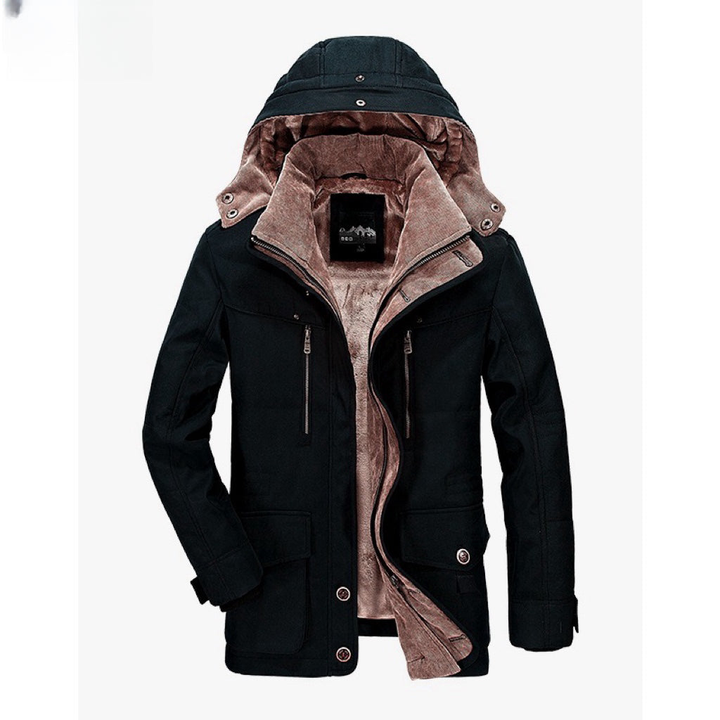Men's hooded fleece-lined winter parka jacket with multiple pockets