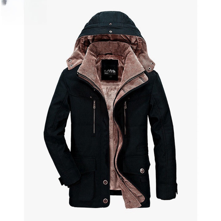 Men's hooded fleece-lined winter parka jacket with multiple pockets