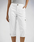 Women's high-waisted cropped cargo trousers with straight legs and multiple flap pockets