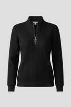 Women's cable knit quarter-zip jumper with long sleeves and ribbed trims