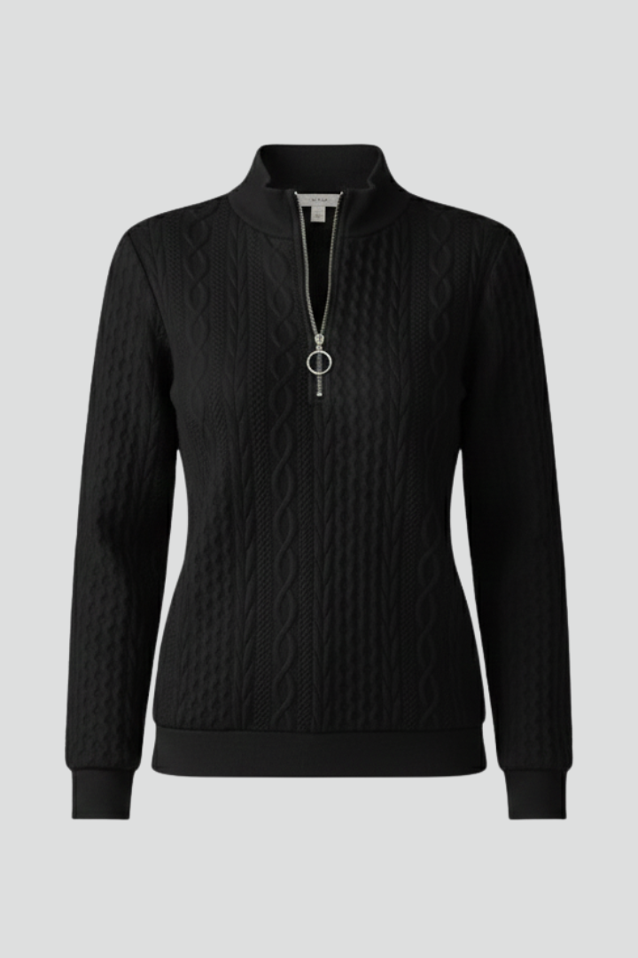 Women's cable knit quarter-zip jumper with long sleeves and ribbed trims