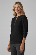 Women's cable knit quarter-zip jumper with long sleeves and ribbed trims