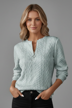 Women's cable knit quarter-zip jumper with long sleeves and ribbed trims