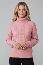 Women's cable knit quarter-zip jumper with long sleeves and ribbed trims