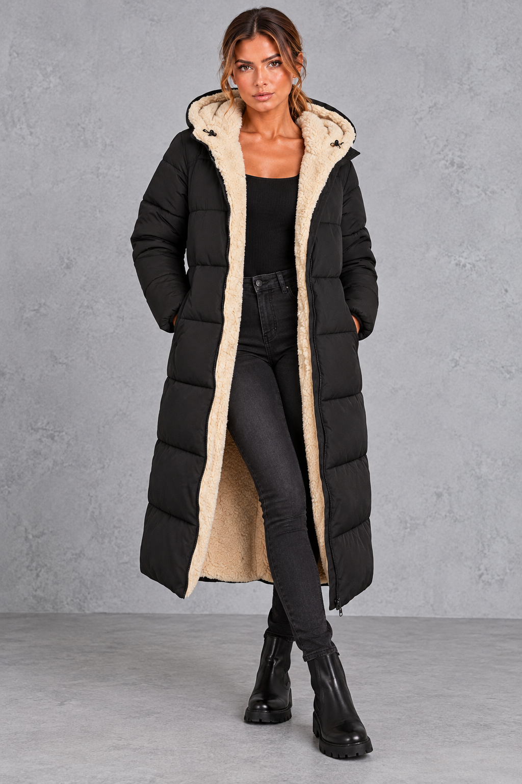 Women's Longline Sherpa-Lined Puffer Coat
