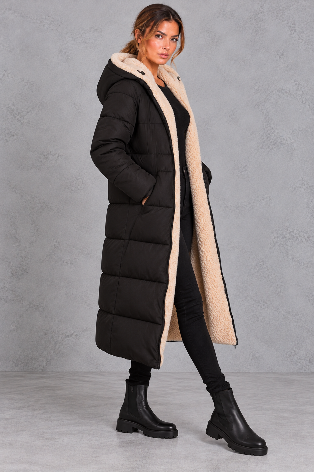 Women's Longline Sherpa-Lined Puffer Coat