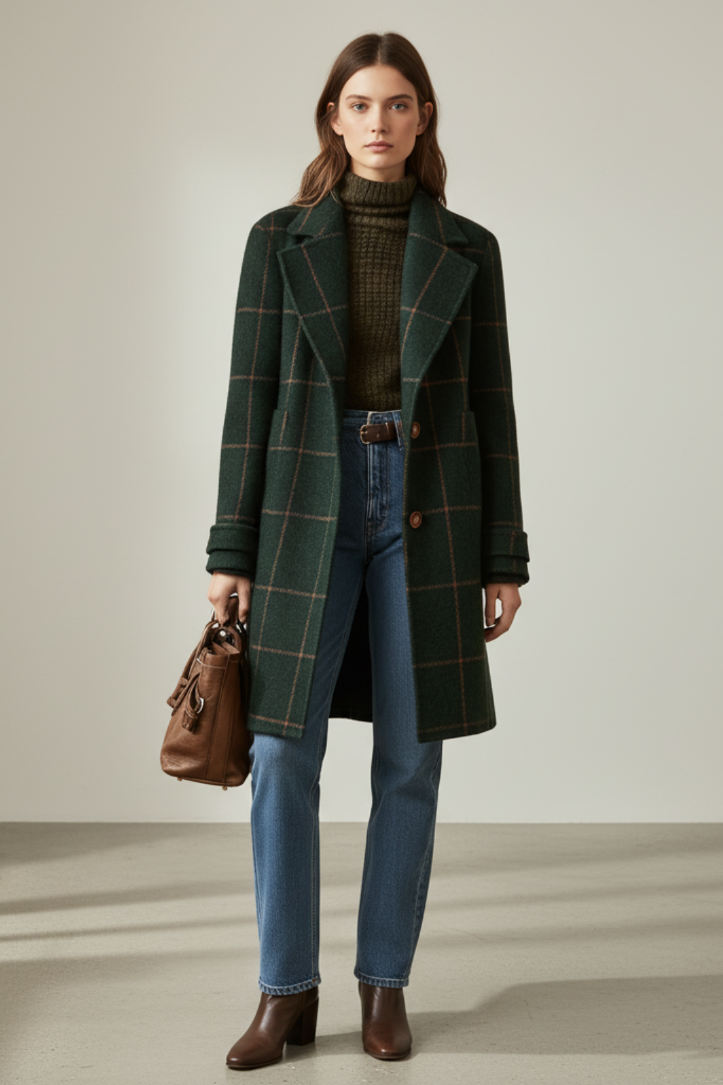Women's dark green plaid lapel coat with belt