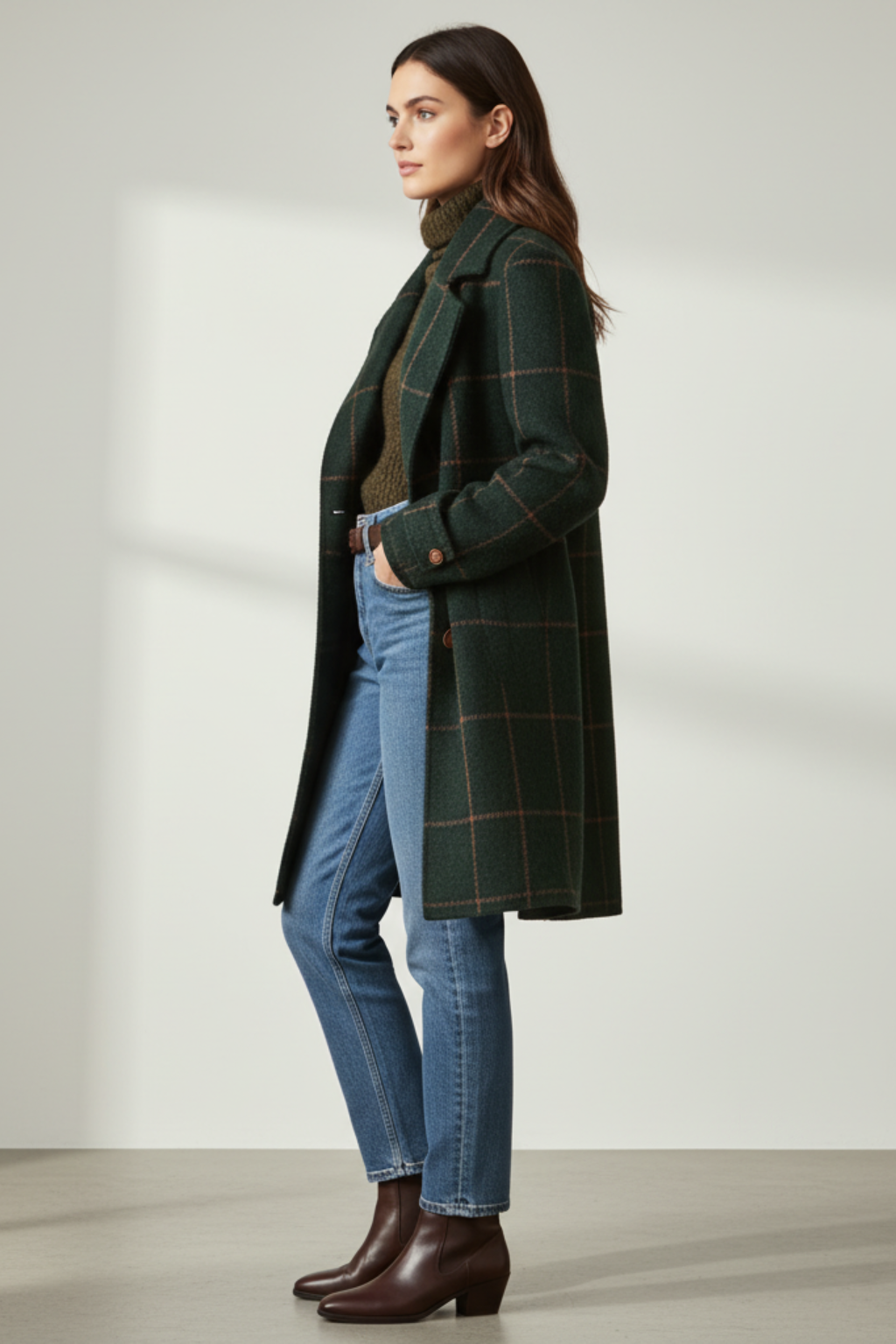 Women's dark green plaid lapel coat with belt