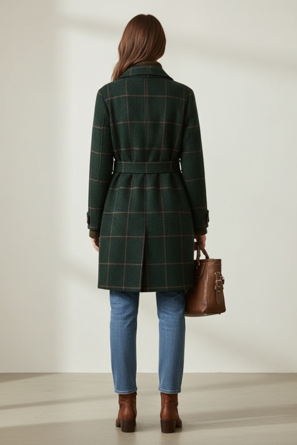 Women's dark green plaid lapel coat with belt