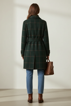 Women's dark green plaid lapel coat with belt