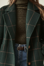 Women's dark green plaid lapel coat with belt