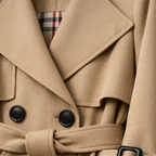 Women's long belted trench coat with double-breasted buttons and checked lining