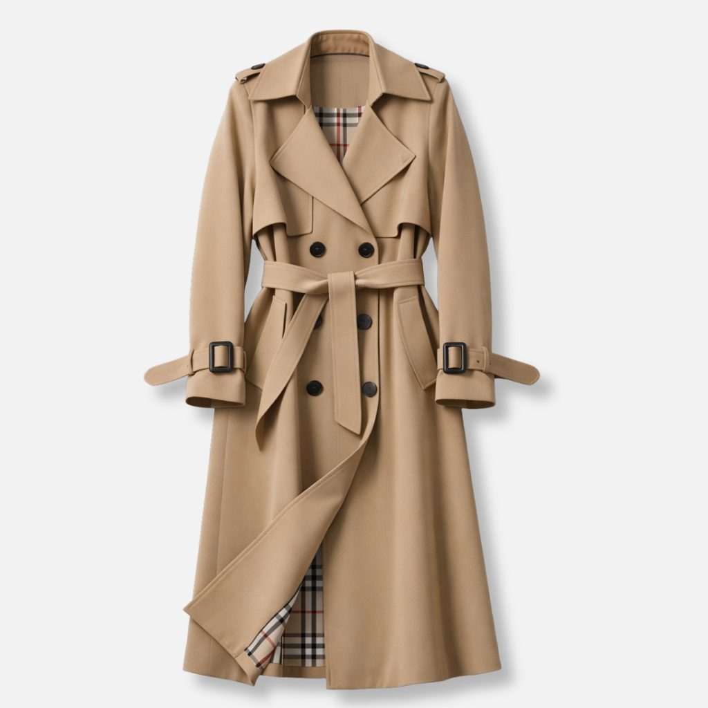Women's long belted trench coat with double-breasted buttons and checked lining