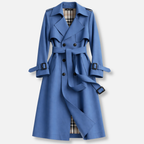 Women's long belted trench coat with double-breasted buttons and checked lining