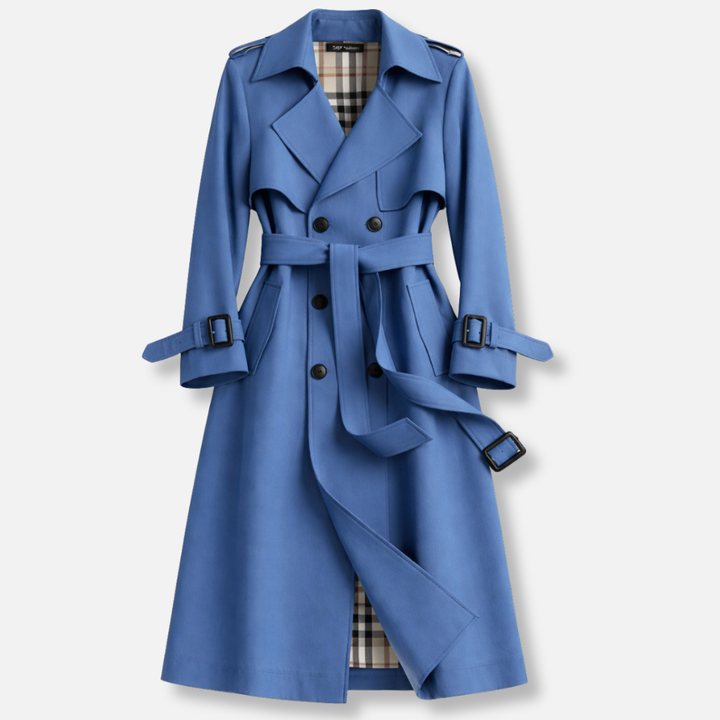 Women's long belted trench coat with double-breasted buttons and checked lining