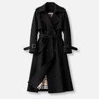 Women's long belted trench coat with double-breasted buttons and checked lining