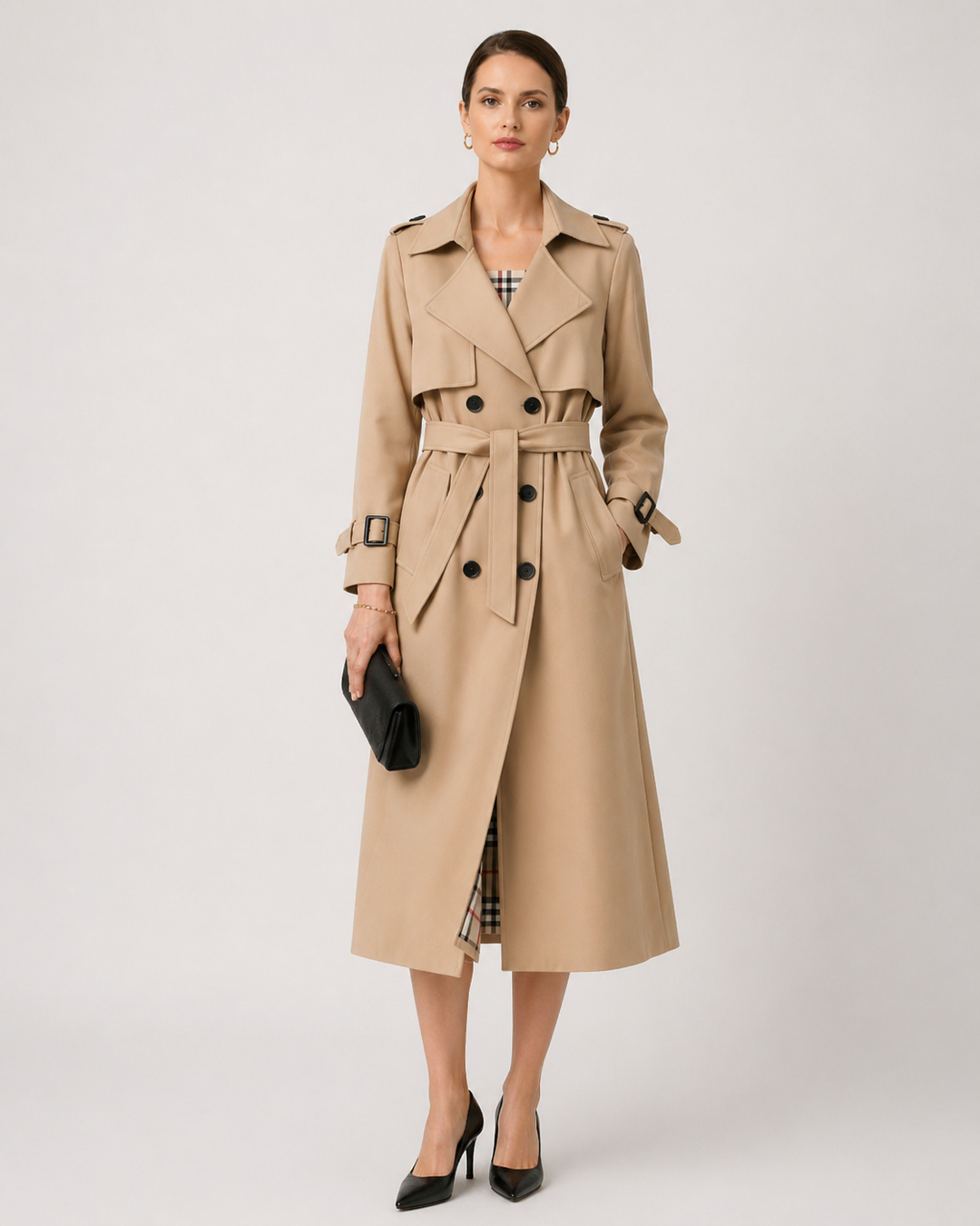 Women's long belted trench coat with double-breasted buttons and checked lining