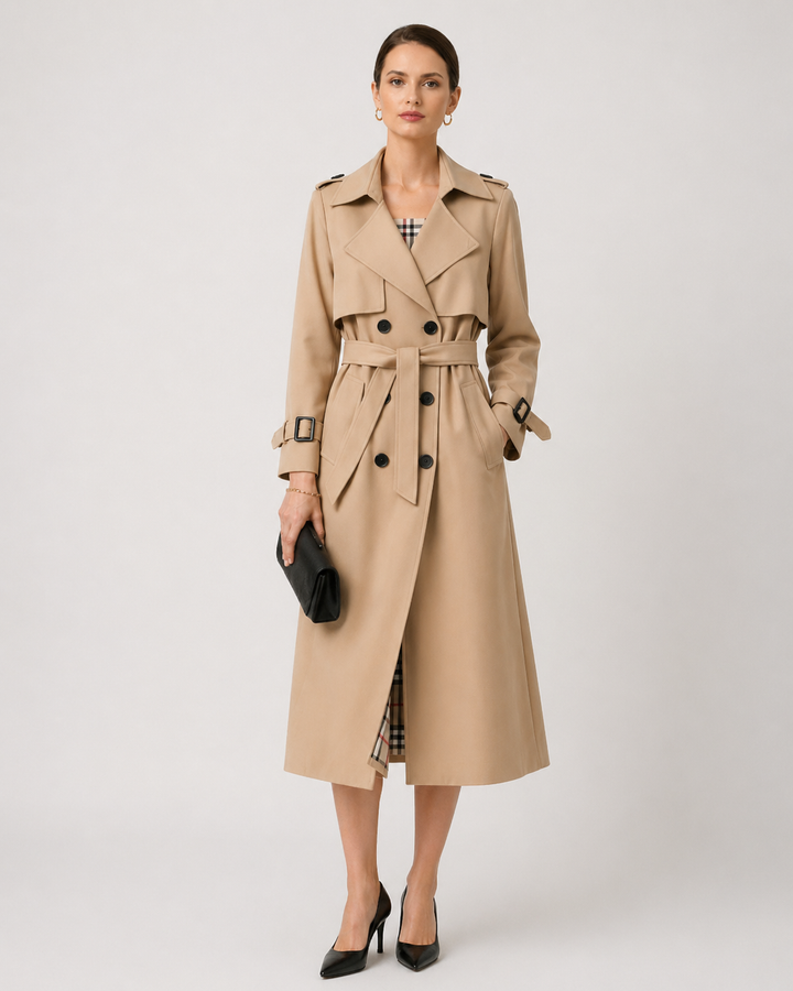 Women's long belted trench coat with double-breasted buttons and checked lining