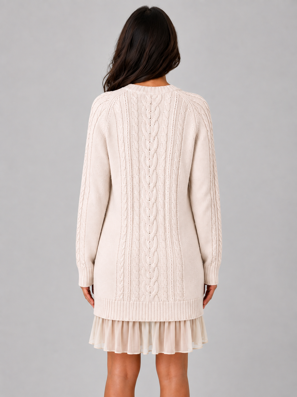 Women's cable knit jumper dress with pleated hem and crew neck