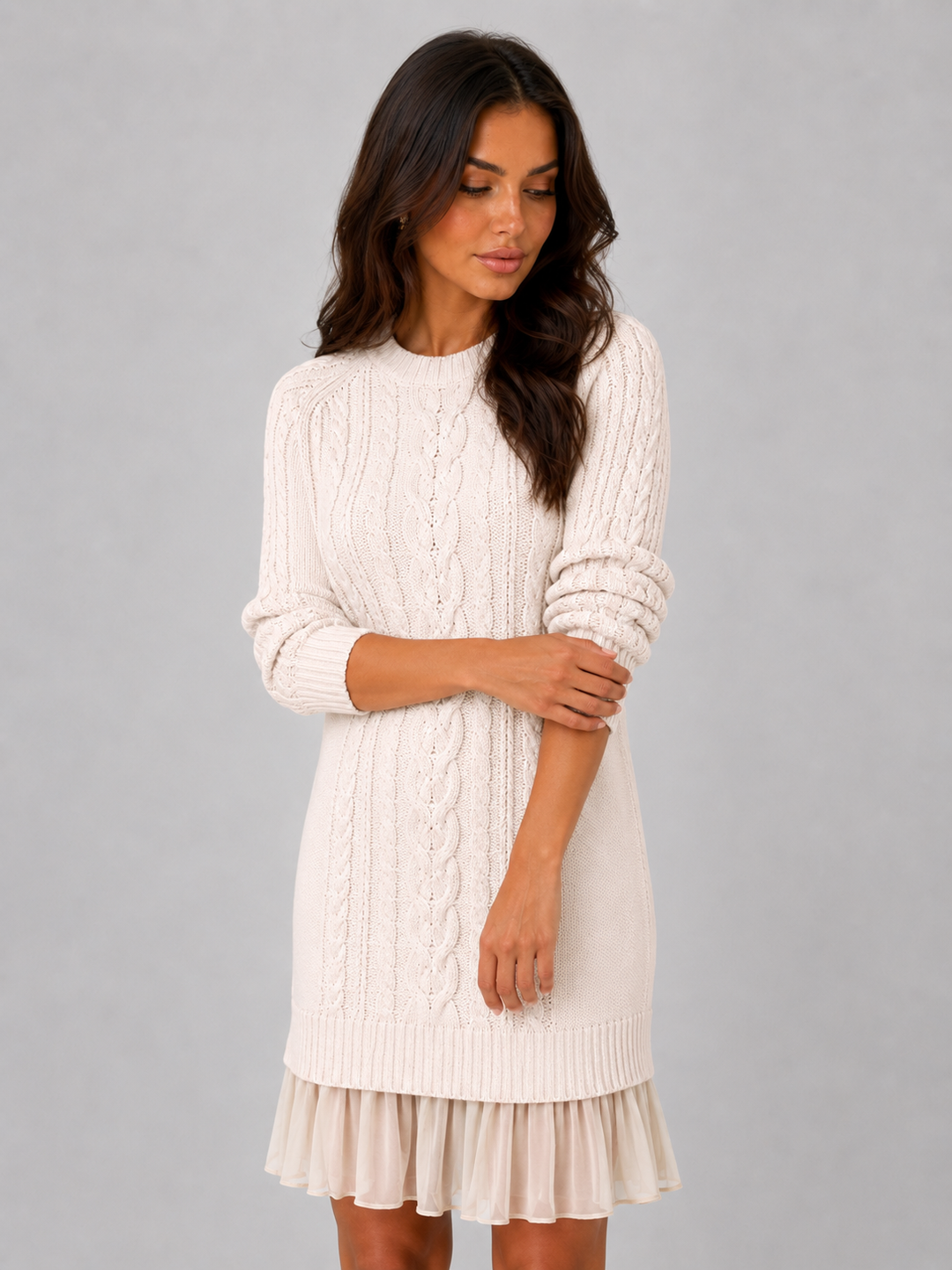 Women's cable knit jumper dress with pleated hem and crew neck