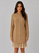 Women's khaki cable knit jumper dress with pleated hem and crew neck