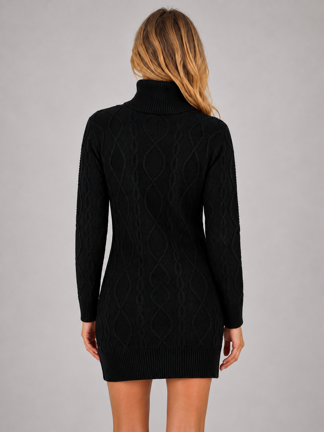 Women's cable knit jumper mini dress with roll neck and long sleeves