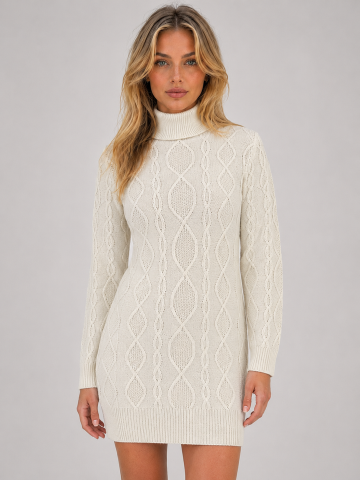 Women's cream cable knit jumper mini dress with roll neck and long sleeves