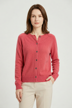 Women's long-sleeve button-front cardigan with round neckline and ribbed trims