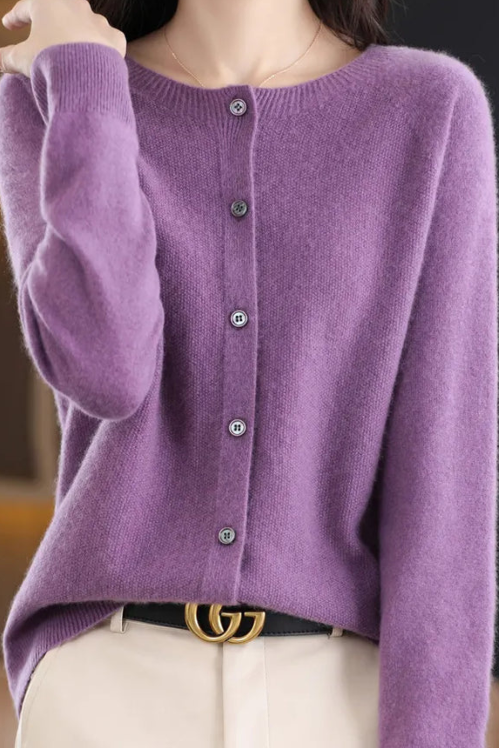 Women's long-sleeve button-front cardigan with round neckline and ribbed trims