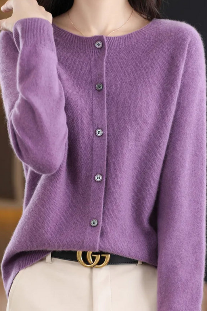 Women's long-sleeve button-front cardigan with round neckline and ribbed trims