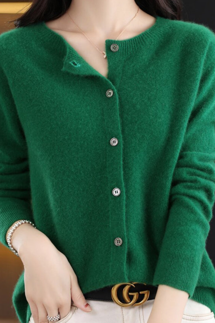 Women's long-sleeve button-front cardigan with round neckline and ribbed trims