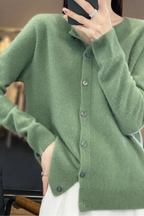 Women's long-sleeve button-front cardigan with round neckline and ribbed trims