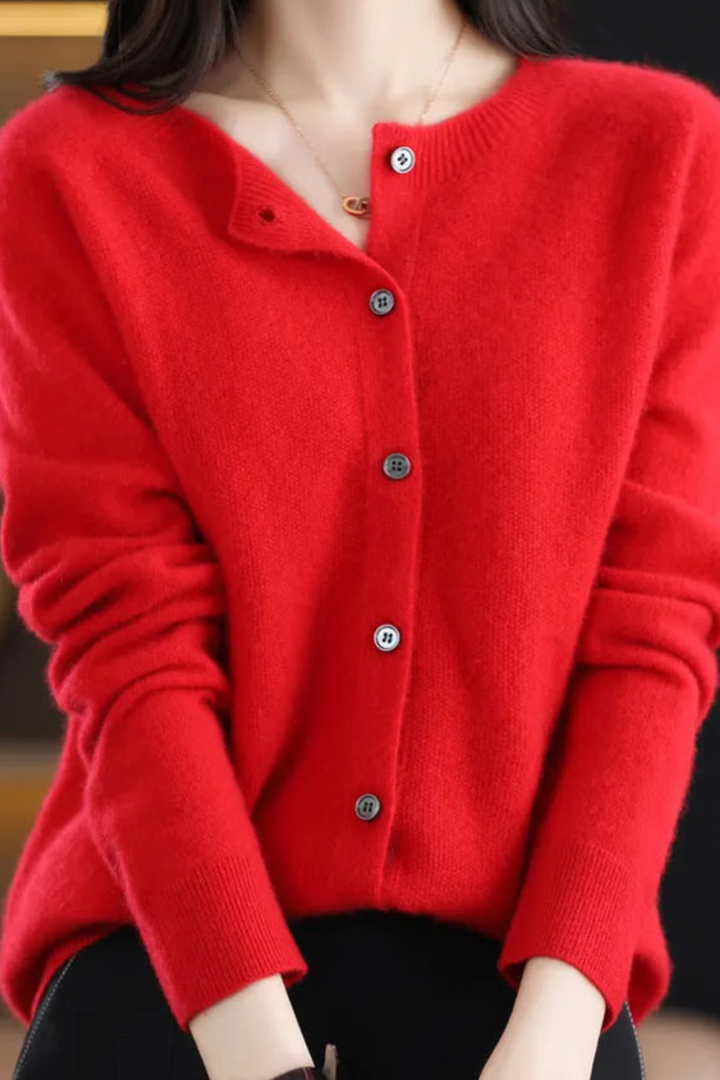 Women's long-sleeve button-front cardigan with round neckline and ribbed trims
