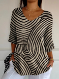Women's multicolour geometric stripe knit sweater with V-neck and 3/4 sleeves