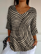 Women's multicolour geometric stripe knit sweater with V-neck and 3/4 sleeves