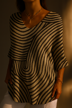 Women's multicolour geometric stripe knit sweater with V-neck and 3/4 sleeves