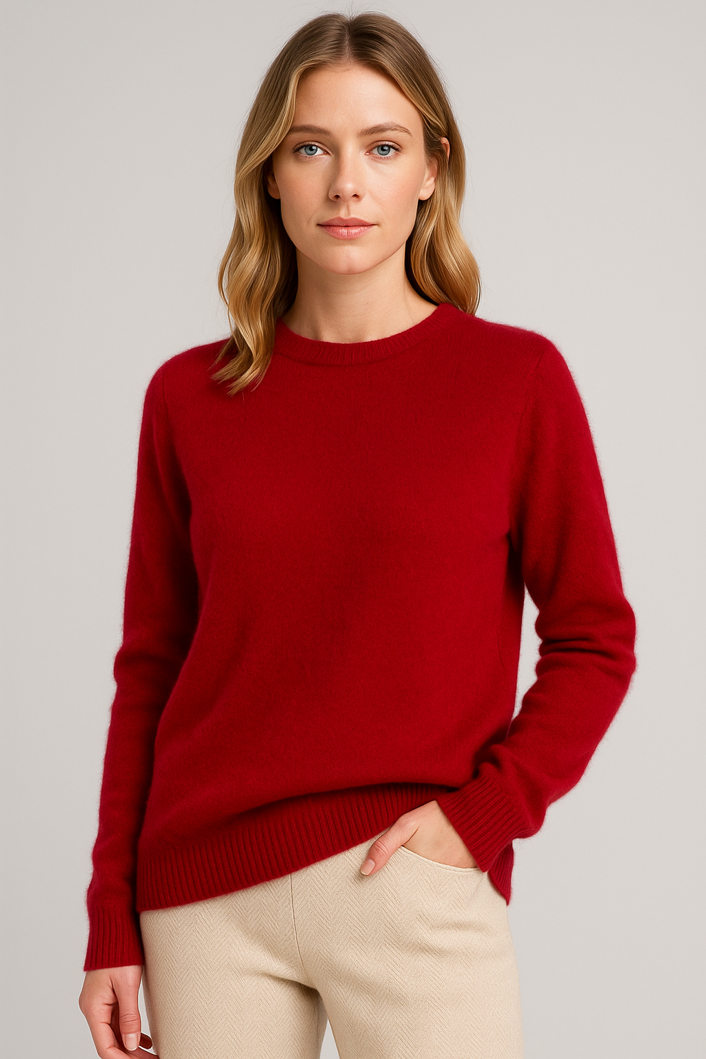 Women's long sleeve crew neck sweater with ribbed trims