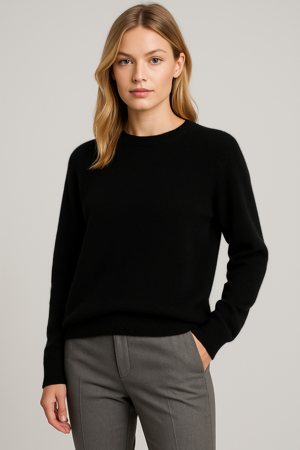 Women's long sleeve crew neck sweater with ribbed trims