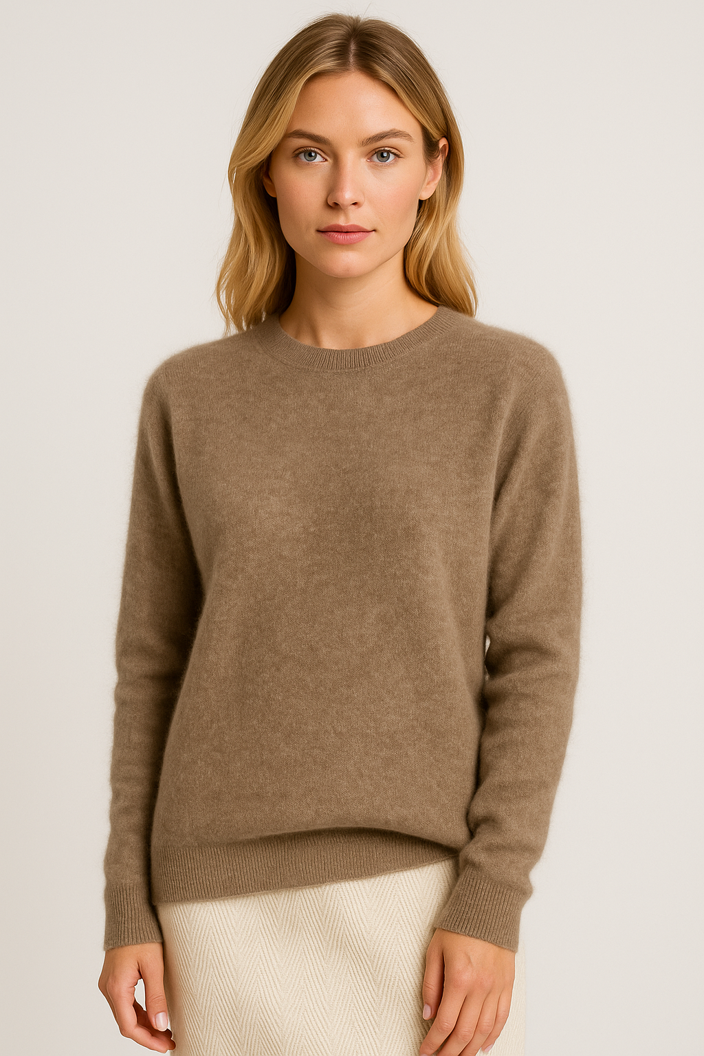 Women's long sleeve crew neck sweater with ribbed trims