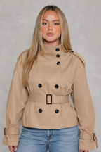 Women's cropped belted trench coat with high collar