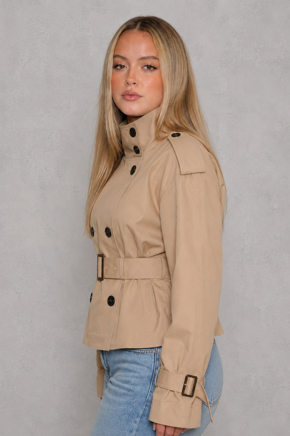 Women's cropped belted trench coat with high collar